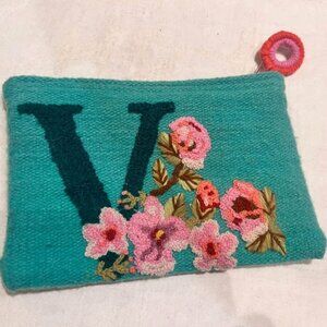 'V' Embroidered Zippered Pouch